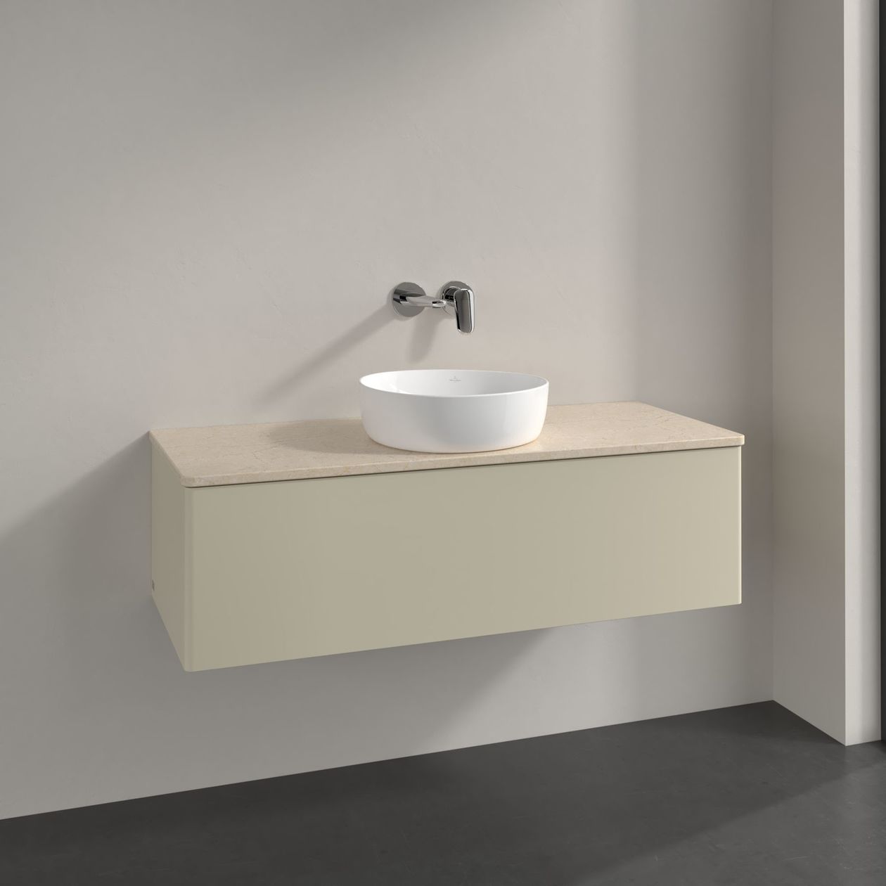 Meuble Pour Vasque à Poser Villeroy et Boch Antao Lumière 1 tiroir 1200x360x500mm Silk Grey Matt Lacquer/Boticcino Spécial