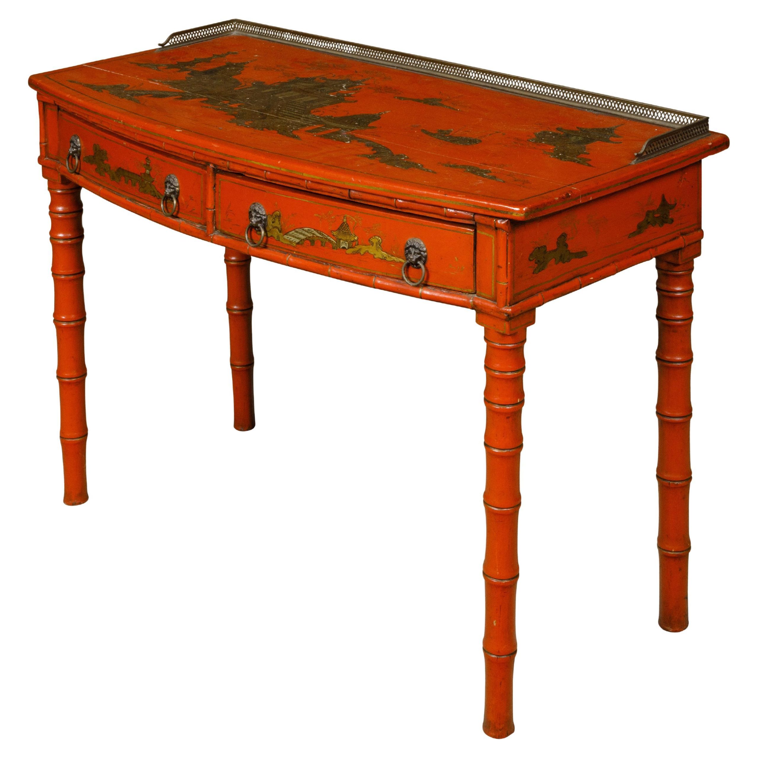 Bureau anglais du 19ème siècle en faux bambou laqué rouge avec décor Chinoiserie doré Vente En Ligne À Chaud